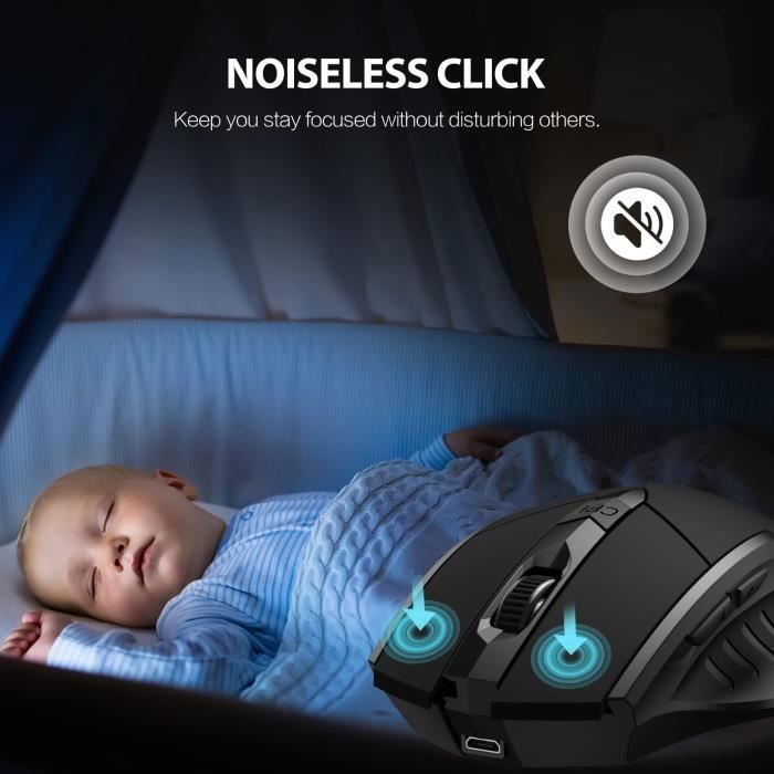 Mouse sem fio SDLOGAL, mouse óptico ergonômico e silencioso, mouse sem fio recarregável de 2,4 GHz com nano receptor USB, 6 botões, preto