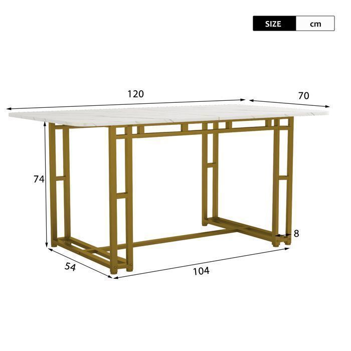 Table à Manger Rectangulaire,120x70x74cm,Style Scandinave,Table de cuisine,Plateaux en MDF Aspect Bois,Pieds en Métal,Blanc/Doré
