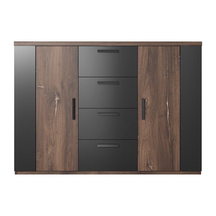 Chambre complète FOX – Lit coffre 180x200, sommier inclus, Armoire, Commode, Chevets – Chêne foncé