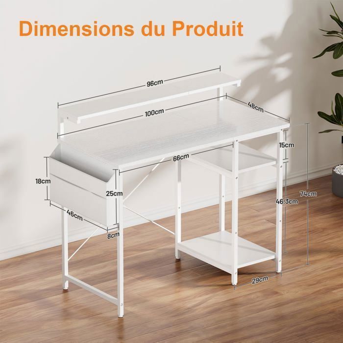 Mesa de computador - HLONONE - 100 x 48 cm - Modelo de dois níveis - Iluminação LED - Altura ajustável - Branca