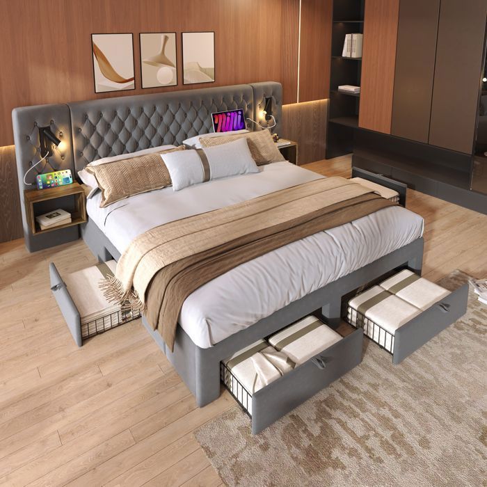 Cama doble con almacenamiento de 160 x 200 cm con lámpara de lectura y puerto USB, cama con 2 mesitas de noche y 4 cajones, somier de láminas, terciopelo gris.
