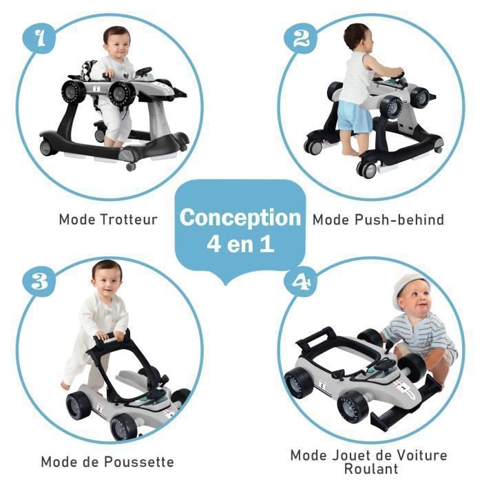 Andador plegable 4 en 1 para bebés COSTWAY - Altura y velocidad ajustables - Caja de música con luz - De 6 a 18 meses - Ruedas silenciosas - Negro/Gris
