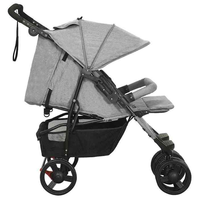 Poussette double - vidaXL - Gris clair - Acier - Pliable - Multi-positions