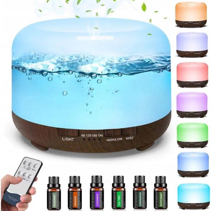 Diffusore di oli essenziali da 500 ml con luce LED a 7 colori, timer e umidificatore ad ultrasuoni con 6 oli essenziali.
