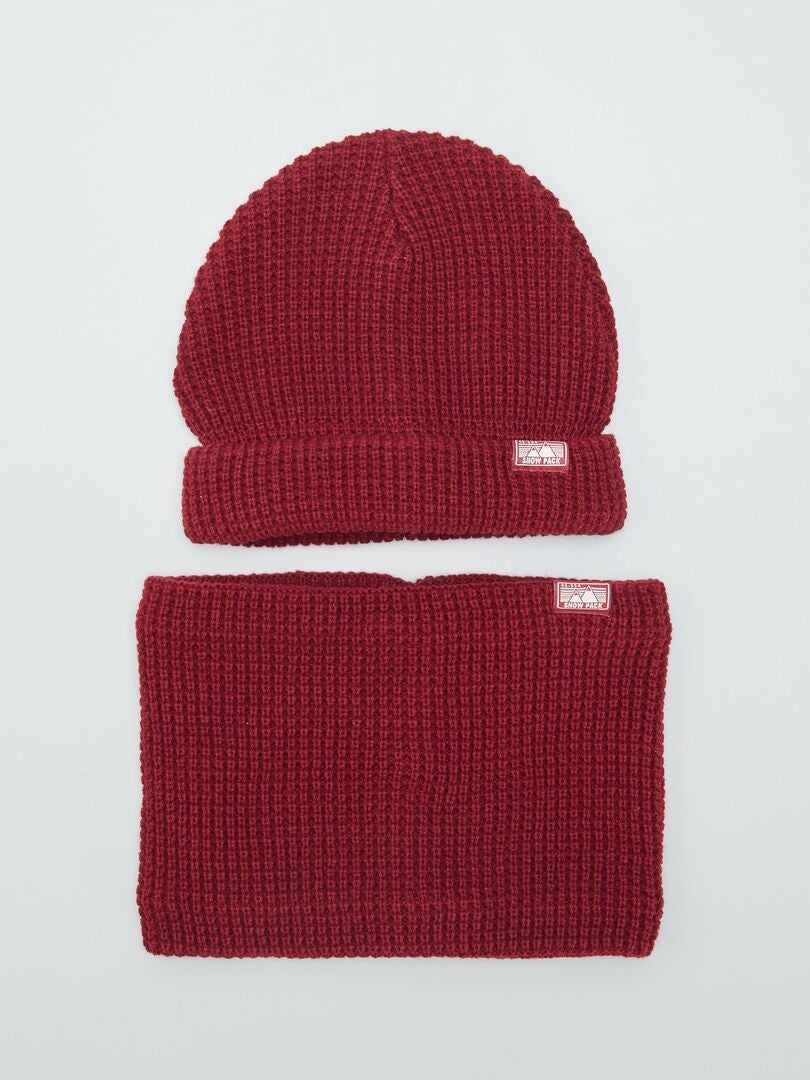 Gorro y bufanda de punto acanalado con perlas - ROJO