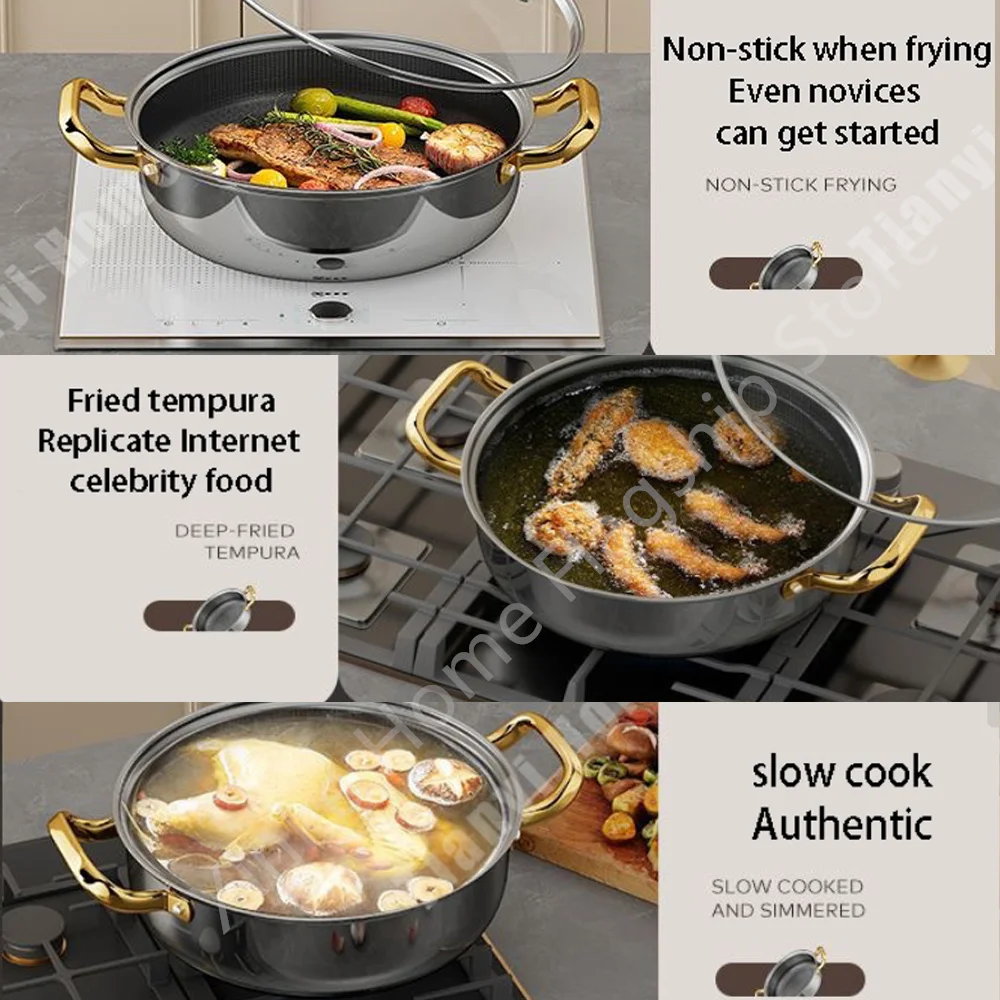 Poêle à frire antiadhésive en acier inoxydable de 30 cm avec couvercle, type wok, revêtement nid d'abeille, compatible avec les plaques à induction et à gaz.
