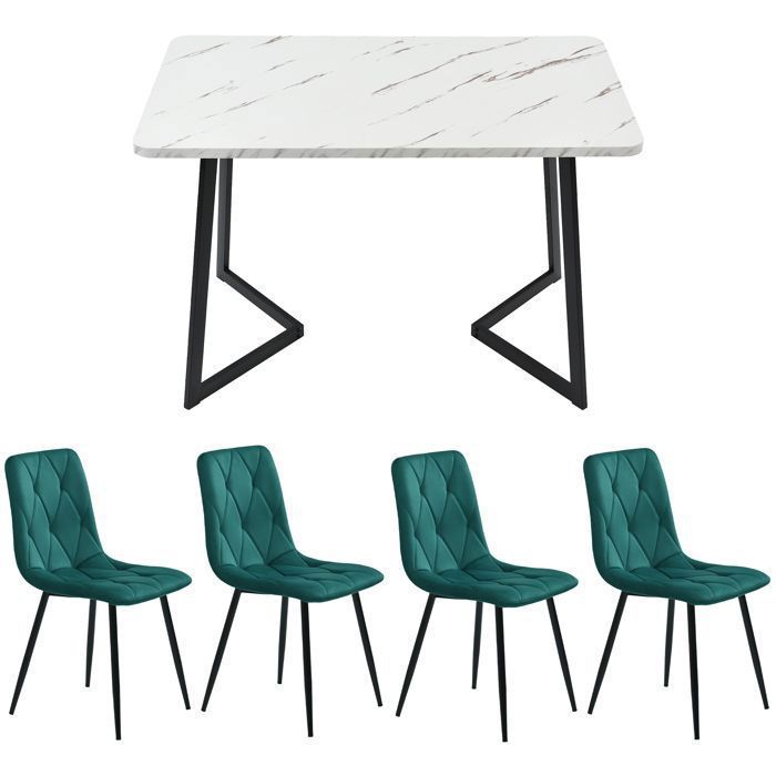 Essgruppe (117 × 68 cm) mit 4 Stühlen – Modernes Küchen-/Wohnzimmer-Set – Dunkelgrüne Samtstühle