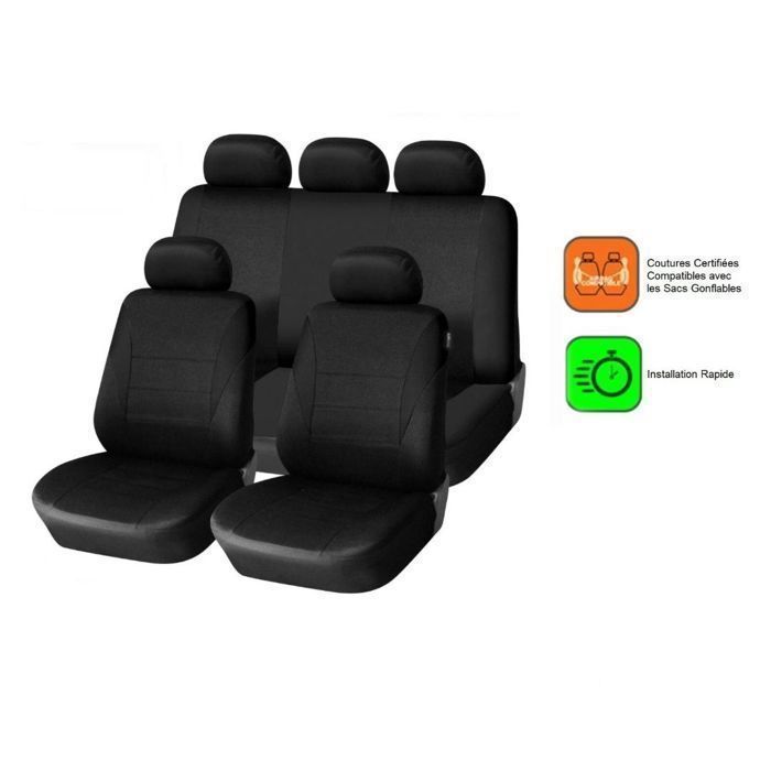 Fundas universales para asientos de coche - EM - Juego completo - 9 piezas, negras, lavables, transpirables y antideslizantes