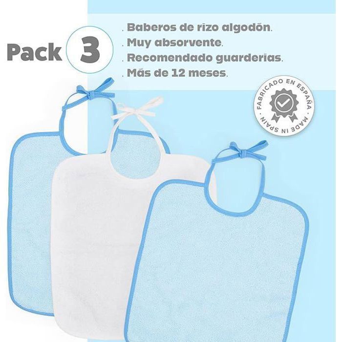 Ti TIN | Set van 3 badstof slabbetjes | Voor baby's ouder dan 1 jaar | Sluiting met lint | Effen lichtblauw | 28x32 cm
