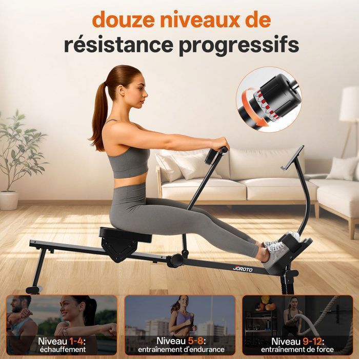 Rameur d'appartement - JOROTO - MR10B - 12 niveaux - Pliable (gain 70%) - Écran LCD Bluetooth - 120 kg
