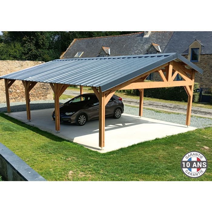 Tettoia per auto in abete di Douglas francese, 40 m² – 2 falde con colmo sfalsato – 8 pali – Riparo per auto da esterno – Garanzia di 10 anni