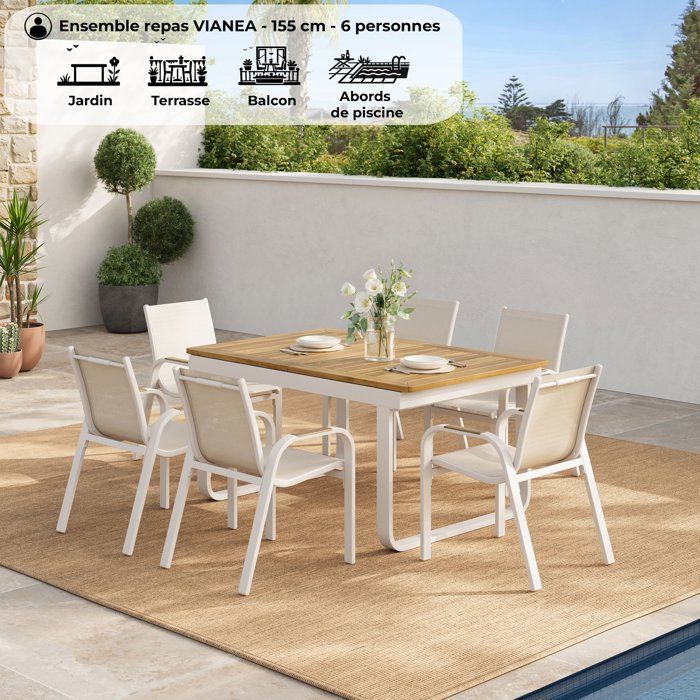 Conjunto de comedor de jardín - VIANEA - Mesa extensible 155/245x100x74 cm + 6 sillas - Aluminio - Blanco y natural - 6 personas