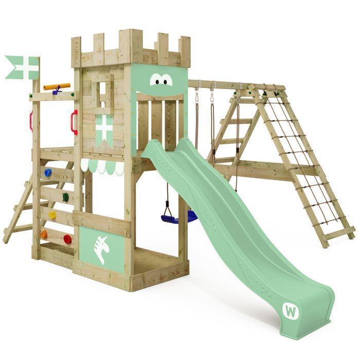 Zona de juegos de madera WICKEY DragonFlyer Flyer XXL con columpio doble, tobogán de 220 cm, verde pastel – 10 años de garantía*