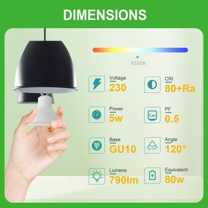 Bombilla LED - GU10 - 5W (equivalente a 80W) - 790LM - 6500K - Blanco neutro - Ángulo de haz de 120° - Clase energética B - 10 unidades