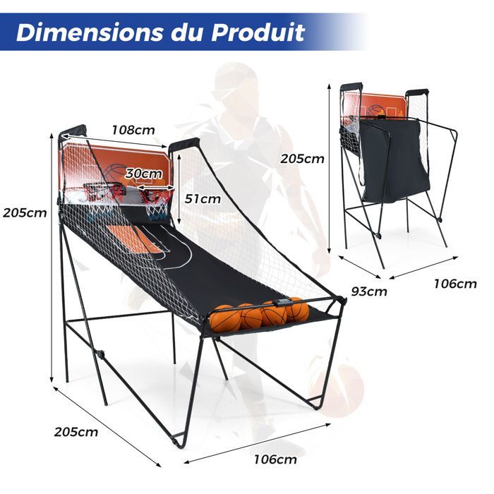 Jeu de Basket-ball Arcade Enfants Pliable COSTWAY-8 Modes de Jeu-Score Électronique Effets Sonore-4 Joueurs-Ecran LED-Double Panier