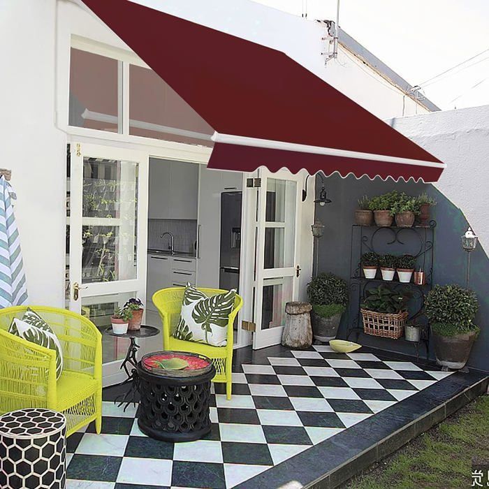 Toldo manual GOPLUS de 4 m x 2,5 m, toldo para terraza exterior, resistente a los rayos UV, accionamiento mediante manivela, ángulo ajustable de 5 a 35° (Burdeos, 4x2,5 m)