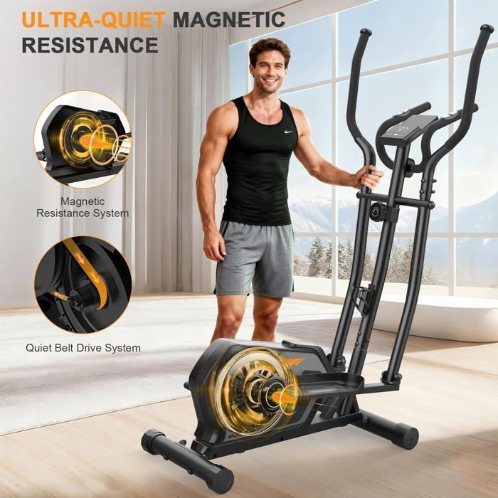Elíptico 3 em 1, silencioso, 16 níveis de resistência, capacidade máxima de 130 kg, visor LCD, aplicativo, ideal para exercícios cardiovasculares em casa, preto/laranja