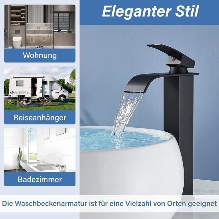 Svart badrumsblandare med vattenfall - Vattenfallsblandare för tvättställ - Varmt och kallt vatten tillgängligt