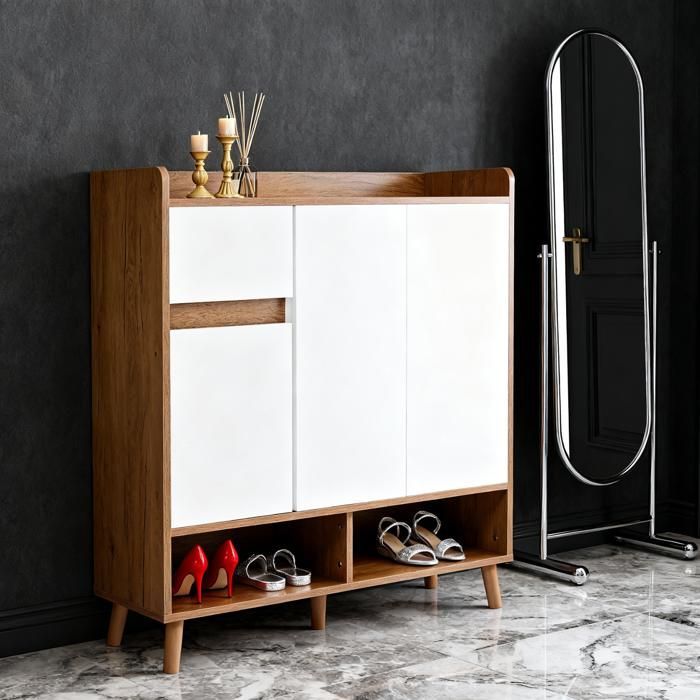 Cómoda/aparador/zapatero blanco y de madera, 90x35x99 cm, con estantes ajustables y patas de madera maciza.