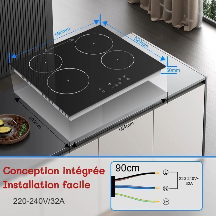 Plaque Vitrocéramique 4 feux , Plaque de cuisson Electrique 60cm, 6000W, 9 Niveaux, Minuterie 1-99 min,Pour toutes les Casseroles