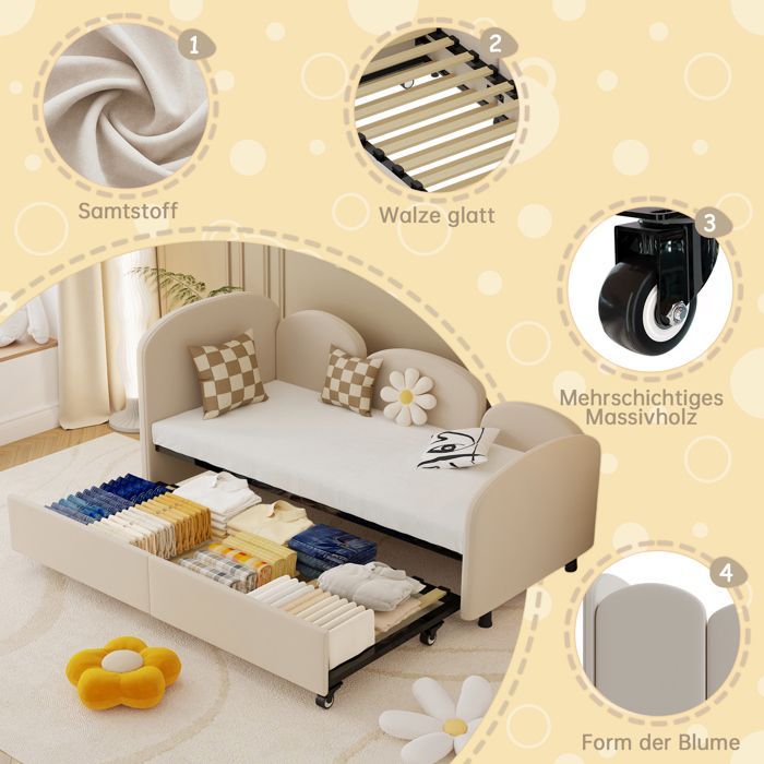Lit Banquette 90x200 cm avec Lit Tiroir 90x190 cm - Banquette-Lit Convertible Moderne sans Matelas, Bois et Métal, Velours Beige