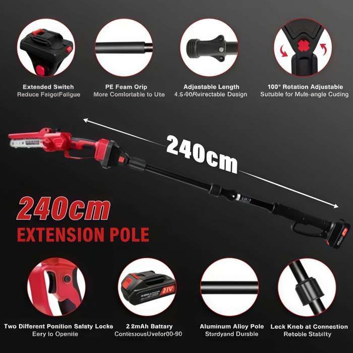 Kit de jardinería 4 en 1 de 21 V: Podadora eléctrica + sierra, pértiga telescópica de 141-240 cm, cabezal de 180°, 2 baterías de 2000 mAh, aluminio.