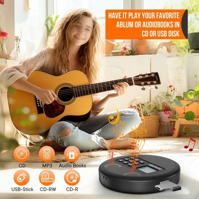 Reproductor de CD, pantalla LCD, USB, sonido de alta definición, portátil, apto para diversos usos, color negro.