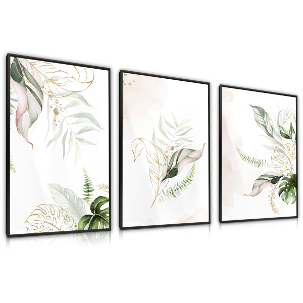 Zestaw 3x Plakat w Ramie AKWARELOWE Liście 30x40cm