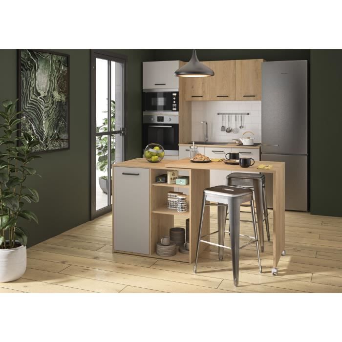 ALPAGA - Isla de cocina giratoria - 1 puerta - 156 x 60 x 88 cm - Roble Silva / Greige - GAMI