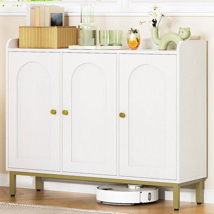 Meuble de Rangement, Meuble de Salle de Bain, Buffet de Salon avec 3 Portes Galbées, Étagères Réglables,30 x 100 x 80,5 cm, Blanc