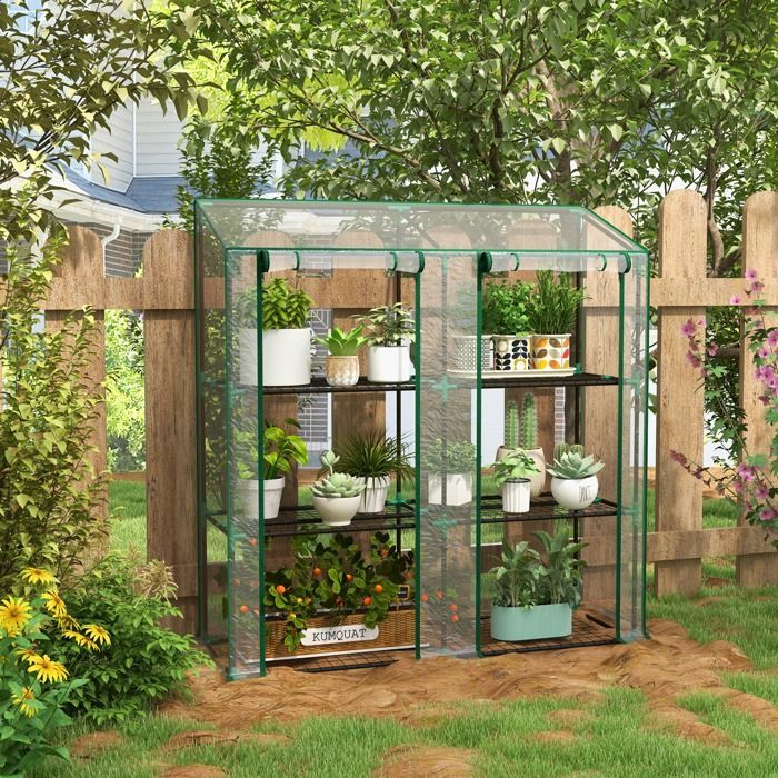 Serre de jardin - Outsunny - avec étagères 3 niveaux bâche renforcée 140 g/m² 2 portes zippées - acier - 143x46x51cm