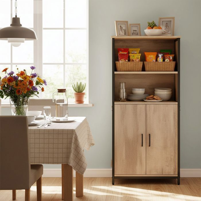 Meuble de Rangement, 2 Compartiment Ouverts, Placad, Cadre en Acier, Marron et Noir