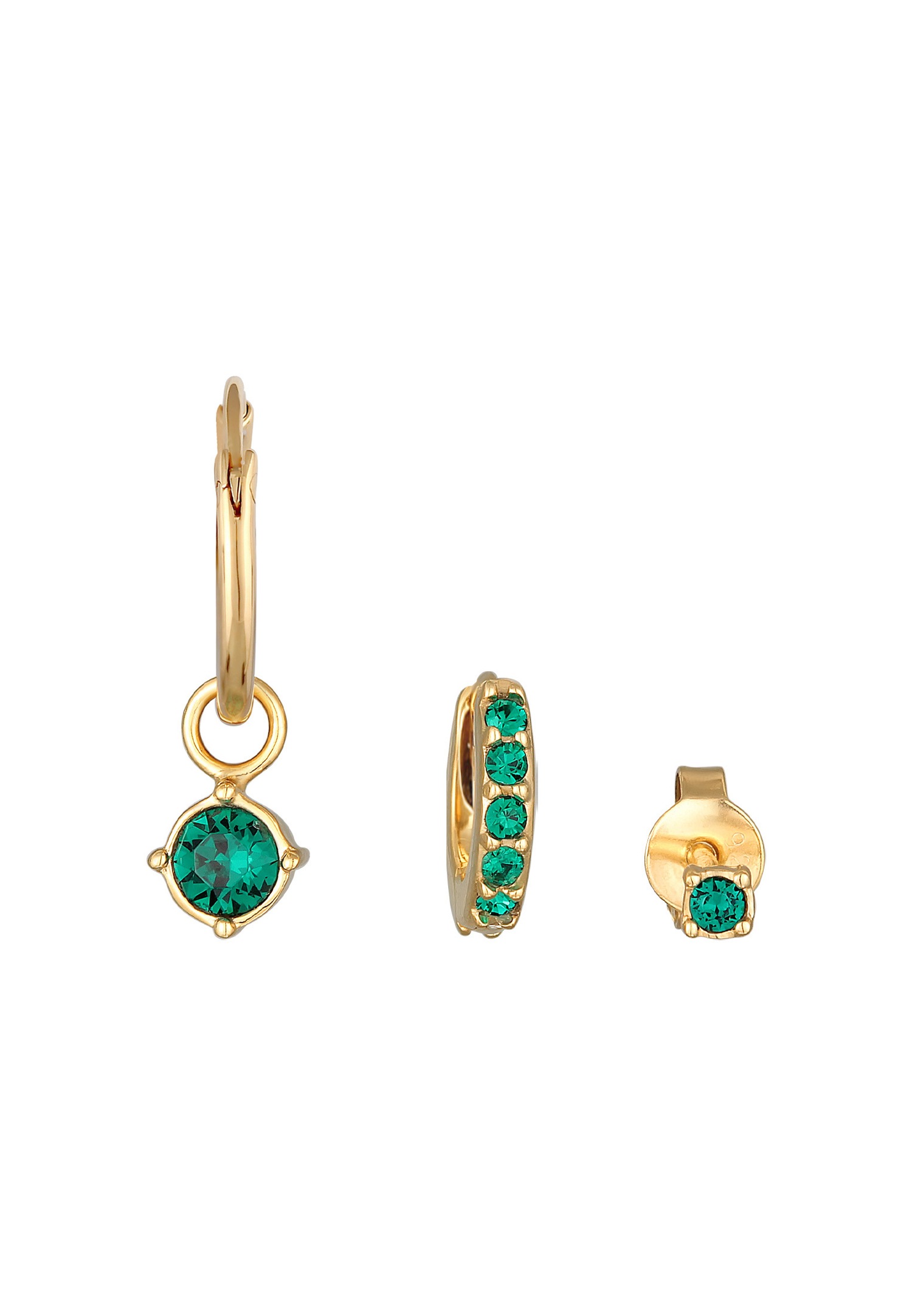 Elli Femmes Créoles Set Clous d'Oreilles avec Cristal vert en Argent Sterling 925 Plaqué Or