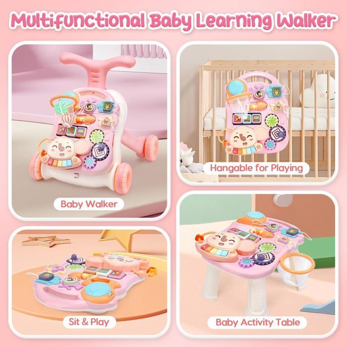 Trotteur pour bébé fille, 2 en 1, apprentissage assis-debout et centre d'activités, apprentissage de la marche