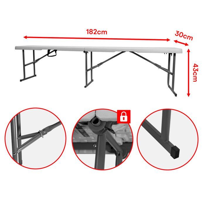 2 bancos plegables blancos - Bancos plegables para jardín - Bancos plegables para camping - 182x28x43cm - Asa de transporte