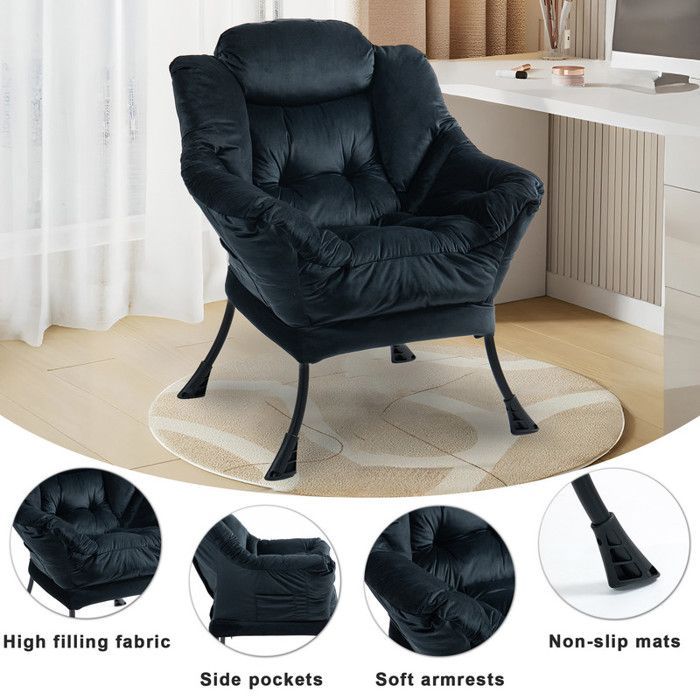 Sillón reclinable de 75 x 80 x 85 cm, mecedora de metal con bolsillos laterales, silla de lactancia minimalista, color negro.