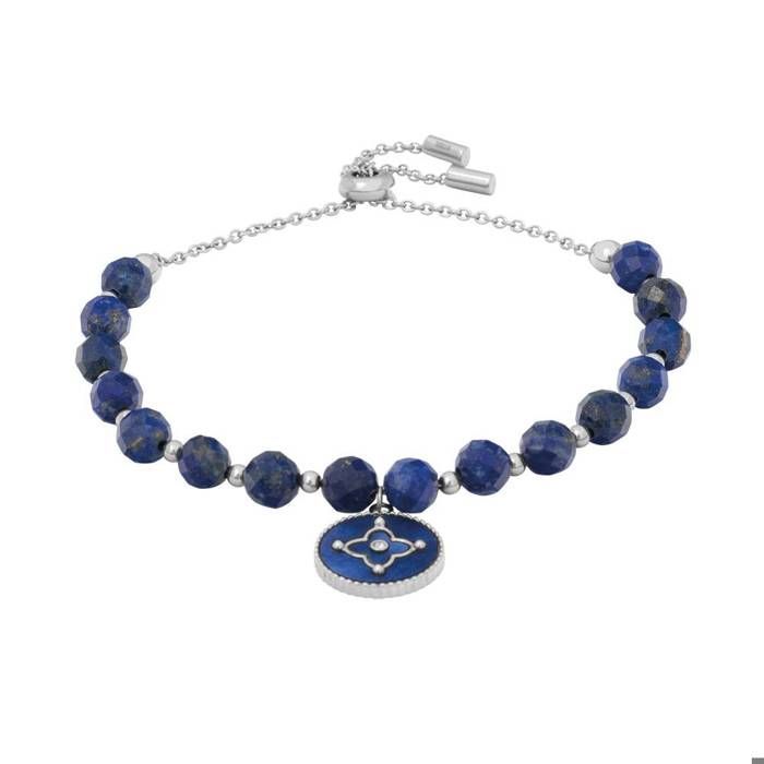 TALLIA Women's Beaded Bracelet, Silver Steel, Blue Mother-of-Pearl, Sliding Knot and Blue