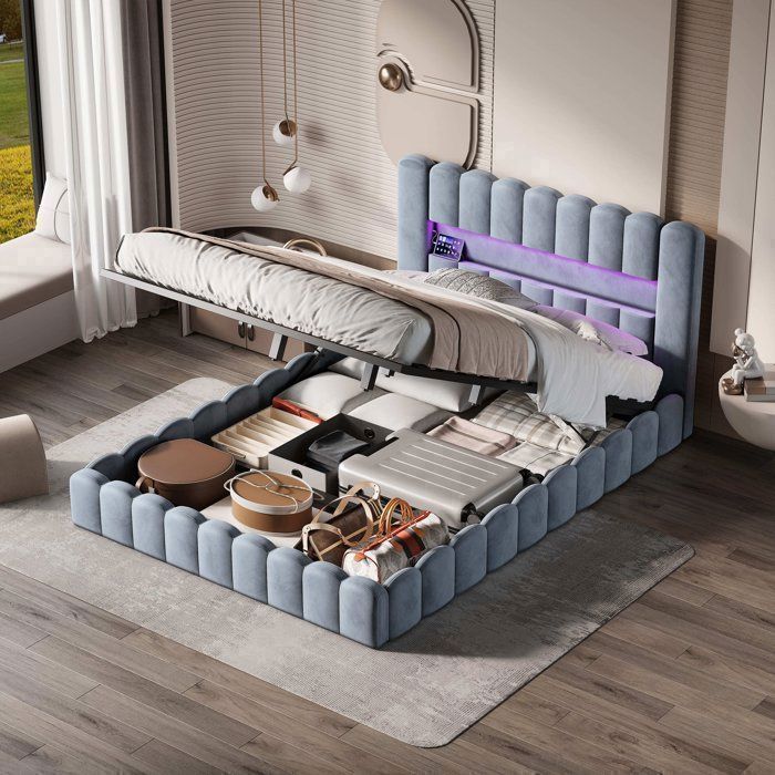Letto contenitore 180 x 200 cm, letto 180x200 con rete a doghe, con porta USB e LED, letto matrimoniale imbottito, design a tronco d'albero, struttura letto, velluto, grigio