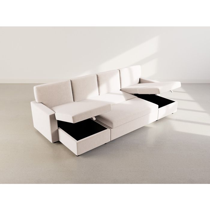 Meiya - Sofá cama panorámico en forma de U de 7 plazas con espacio de almacenamiento en pana - Beige