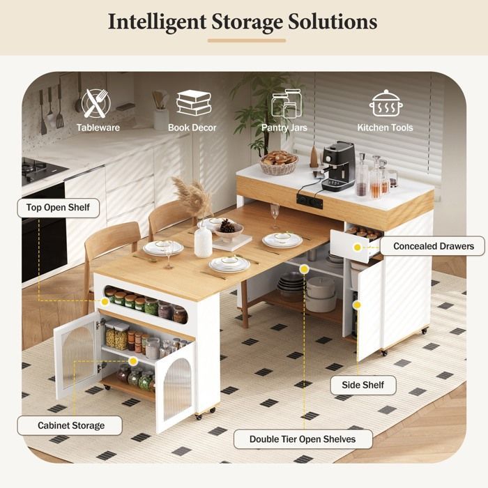 Isla de cocina con ruedas 50-187×110×95 cm. Carrito de cocina con encimera extensible, 4 puertas, 1 cajón y puertos USB.