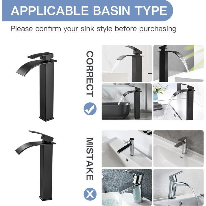 Grifo de lavabo tipo cascada - Grifería de baño - Negro - Grifo mezclador de lavabo - Placa cerámica con serpentín