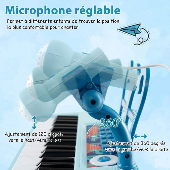 Piano eletrônico COSTWAY para crianças a partir de 3 anos, 37 teclas, com banquinho, microfone ajustável e estante de partitura removível, azul.