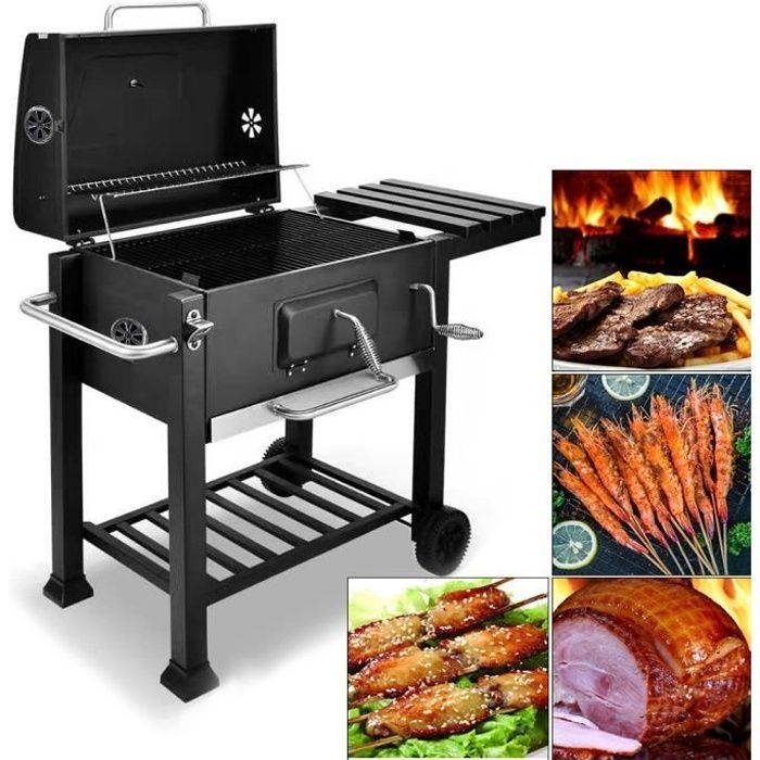 Barbecue Grill NASPALURO- Barbecue au charbon de bois - avec tablette latérale et crochet - Pour la cuisine en extérieur