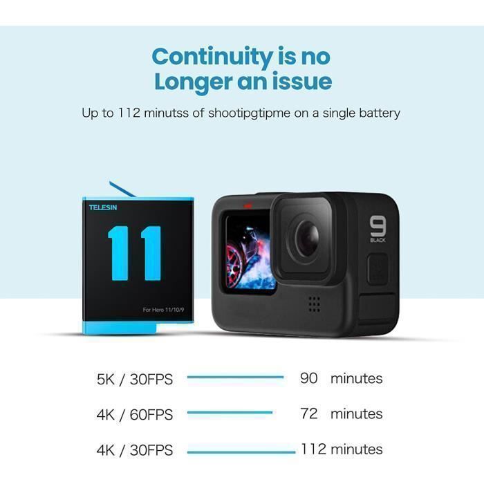 Paquete de 2 baterías y cargador de 3 canales para GoPro Hero 9/10/11, compatible con GoPro Hero 9 Black, GoPro Hero 10 Black y GoPro Hero 11/12 Black.