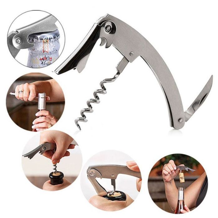Conjunto de acessórios para garrafa de vinho: kit abridor de garrafas, saca-rolhas e rolha.