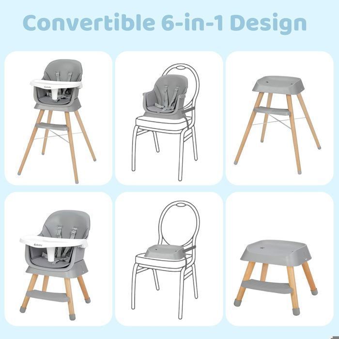 High chair booster seat, bar stool, 6-in-1 multifunctional high chair, wooden legs, from 6 months, grey