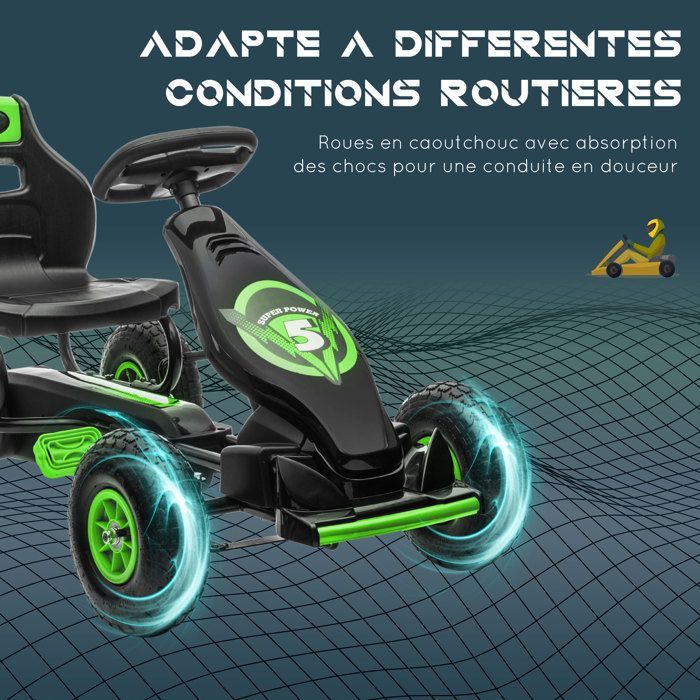 Lasten poljinkarting-auto, jossa säädettävä istuin (3 asentoa) ja käsijarru, sopii 5–12-vuotiaille lapsille, vihreä ja musta