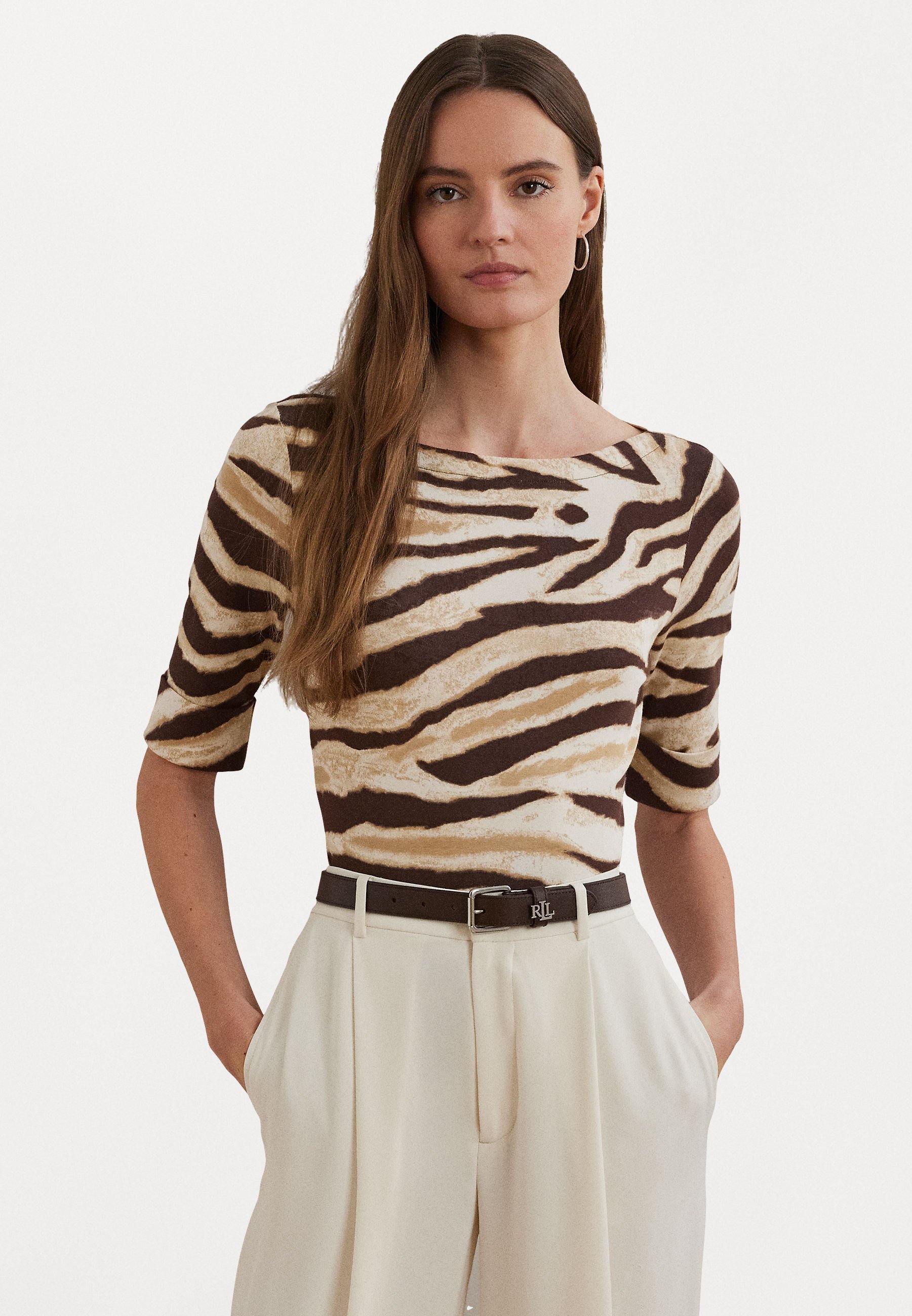 T-shirt Lauren Ralph Lauren à imprimé zèbre, en coton stretch et col bateau - T-shirt imprimé - crème/marron