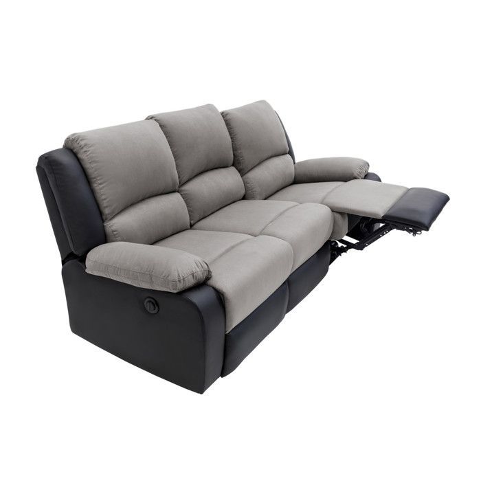 Sofá reclinable eléctrico LEO de 3 plazas en microfibra y piel sintética - Negro y gris - 193 x 93 x 96 cm - LOUNGITUDE
