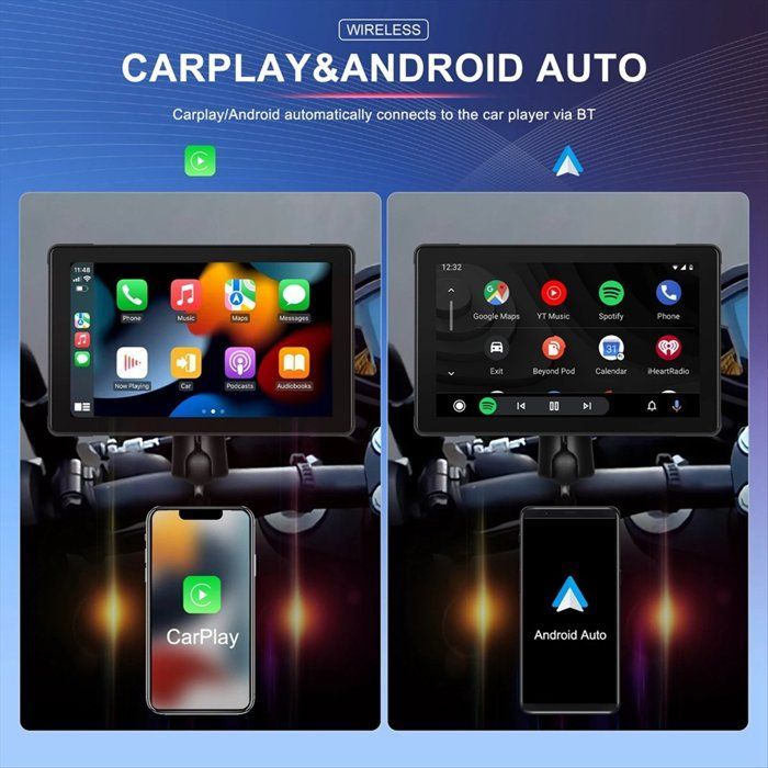Monitor portátil Android de 7 pulgadas con GPS para motocicleta, resistente al agua, compatible con CarPlay e inalámbrico.